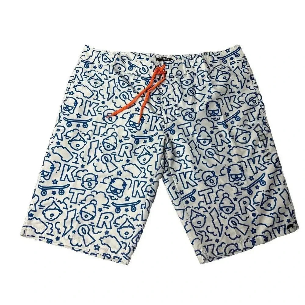 Trukfit Men’s Surf The Web Swim Shorts White/Blue Pockets Size 40